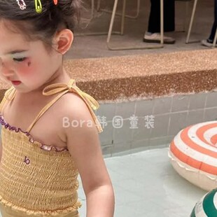 宝宝泳衣女宝夏装2025新款洋气连体泳装儿童潮流网红时尚黄色套装