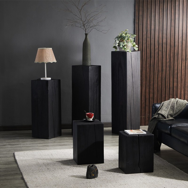 实木碳化木墩摆件方形底座民宿侘寂风花架客厅边几木桩根雕矮凳