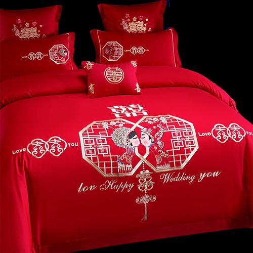 中式新婚床上四件套全棉新郎新娘刺绣大红色被套床单结婚床品