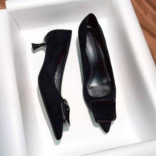 黑色绒面法式高跟鞋女细跟3cm设计感小众职业低跟尖头浅口单鞋