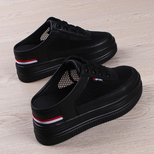 黑色鞋 小白鞋 内增高7cm学生网鞋 镂空透气一脚蹬半拖鞋 女2021夏季