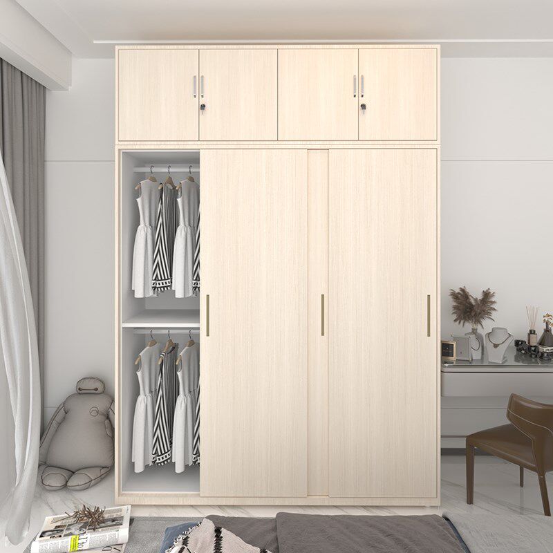 家用衣柜落地卧室铁艺收纳推拉带锁无甲醛简约木纹可组合儿童柜子