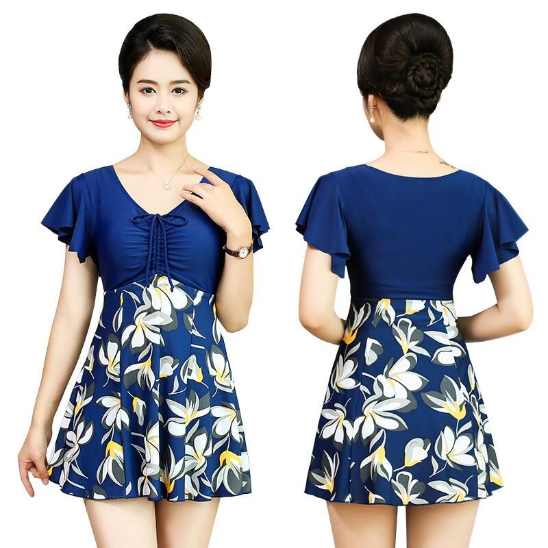 中老年泳衣女 妈妈款连体保守遮肚裙式游泳衣泡温泉大码宽松泳装