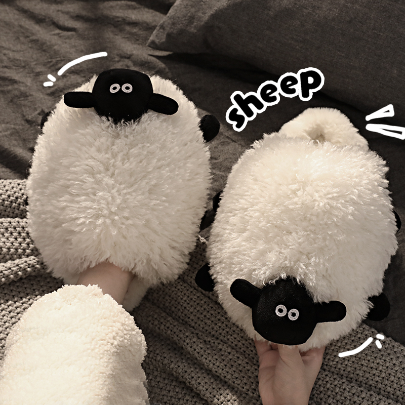 可爱绵羊棉拖鞋女秋冬季居家室内毛绒卡通厚底踩屎感包头拖鞋男