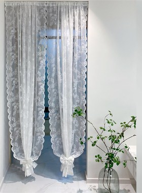 免打孔蕾丝门帘短帘隔断魔术贴穿杆定制法式白色镂空纱飘窗橱窗纱