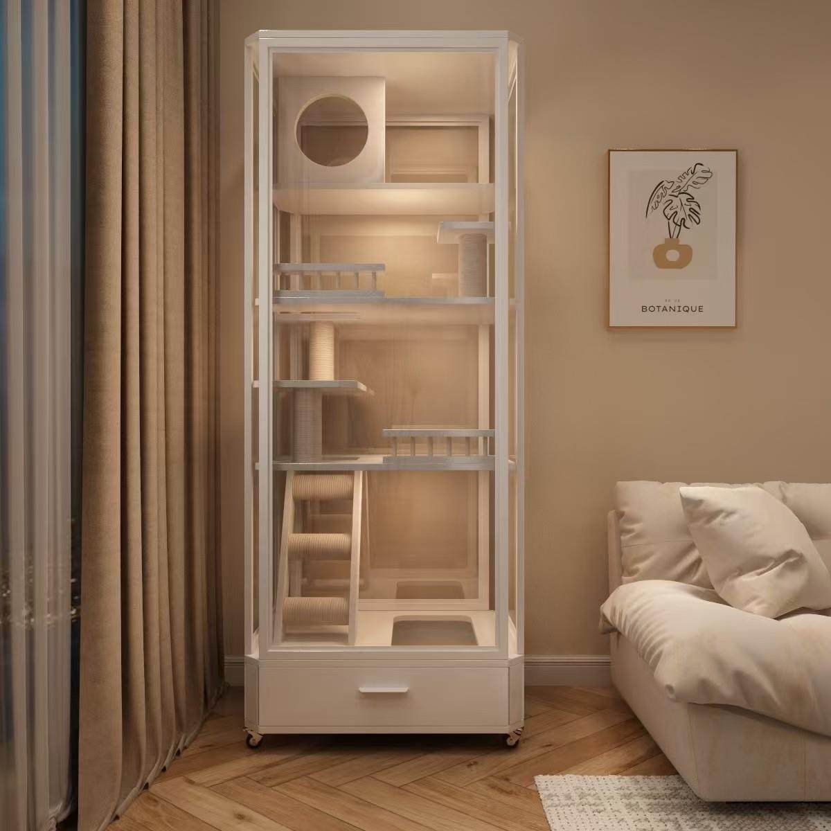 全景玻璃猫别墅家用实木猫笼子猫砂盆一体猫舍豪华猫窝室内猫屋子