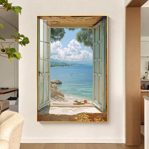 大海风景入户玄关走廊过道装饰画假窗户空间延伸壁画大幅客厅挂画