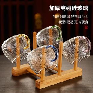 客厅待客喝茶水杯带把加厚耐高温杯子 锤纹玻璃小茶杯家用茶具套装