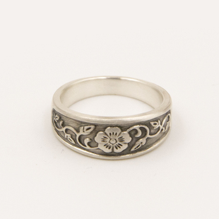 SlowCrafting手工制作925纯银梅花三弄戒指绝版老模压花复古男女