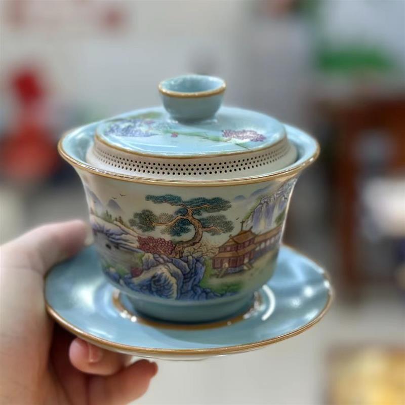陶瓷三才盖碗360度出水过滤瓷家用陶瓷大容量茶碗不烫手功夫茶具