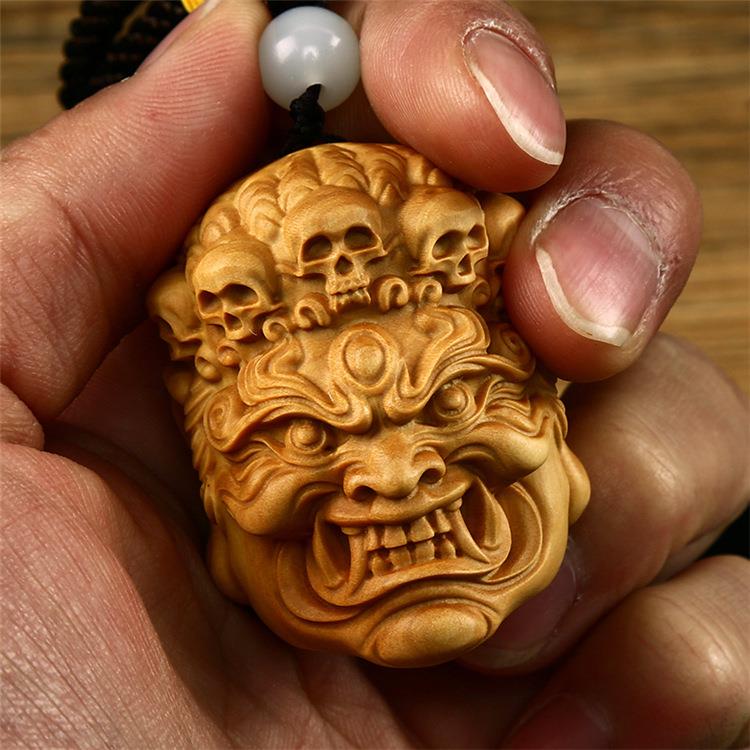 黄杨实木雕刻工艺品手把玩件佛头不动明王男士随身钥匙扣汽车挂件