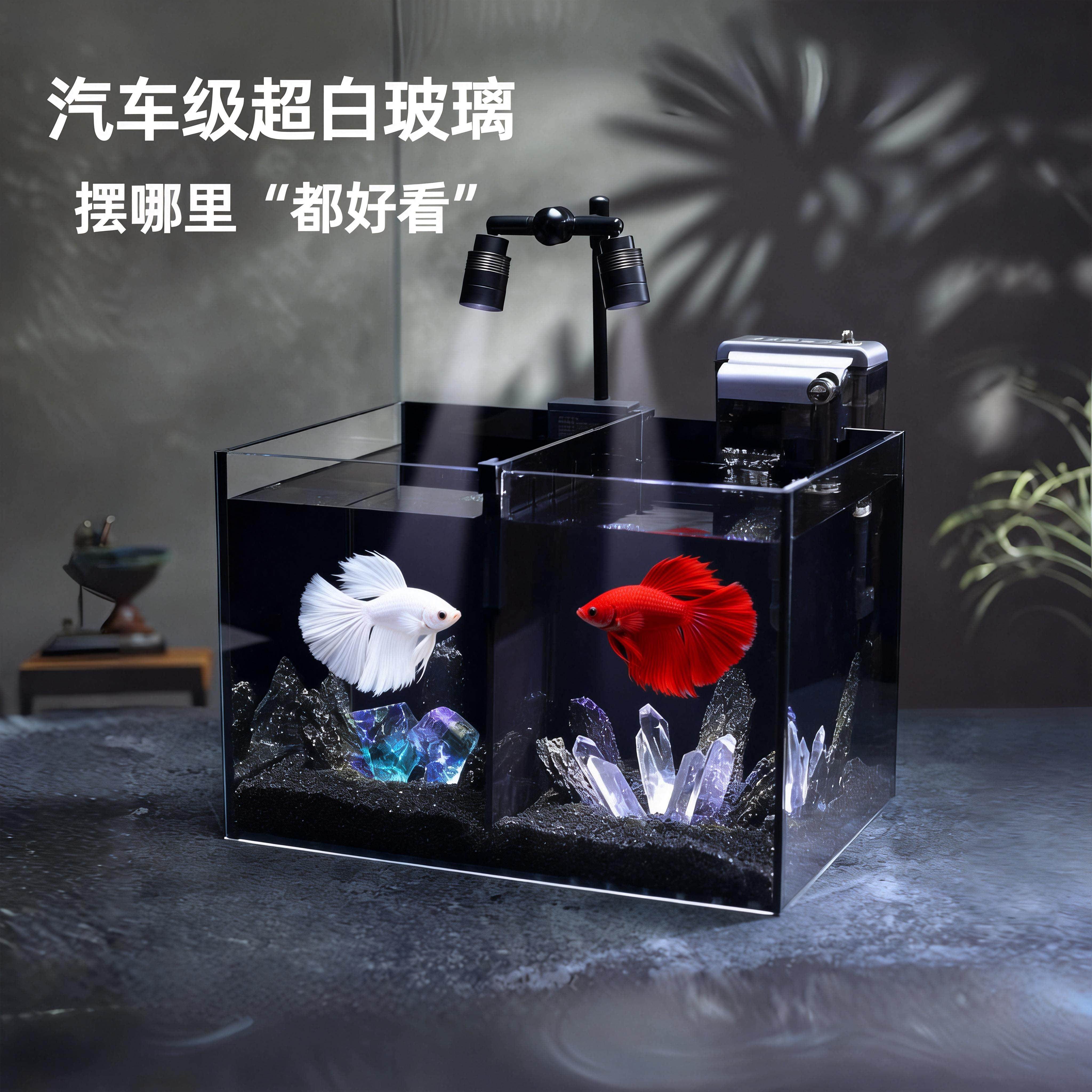 暗黑风双格鱼缸斗鱼隔离家用桌面小型造景缸超白玻璃懒人免换水缸