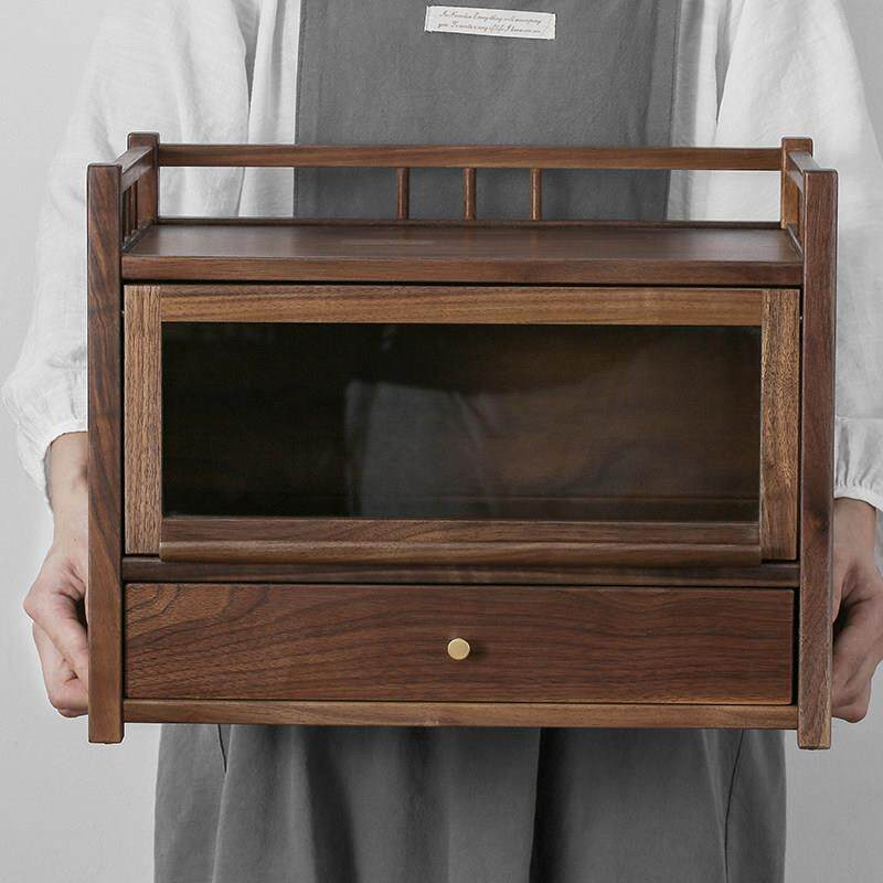 黑胡桃实木收纳柜客厅茶桌台面置物柜简约中式防尘高档茶室茶具架