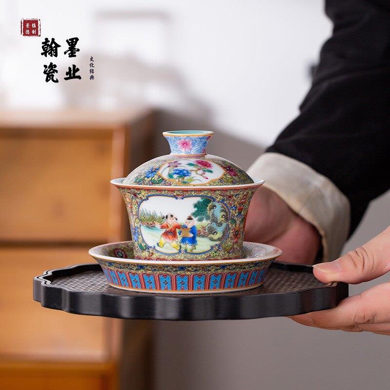 景德镇珐琅彩童趣马蹄三才盖碗不烫手泡茶碗家用陶瓷功夫茶具大号
