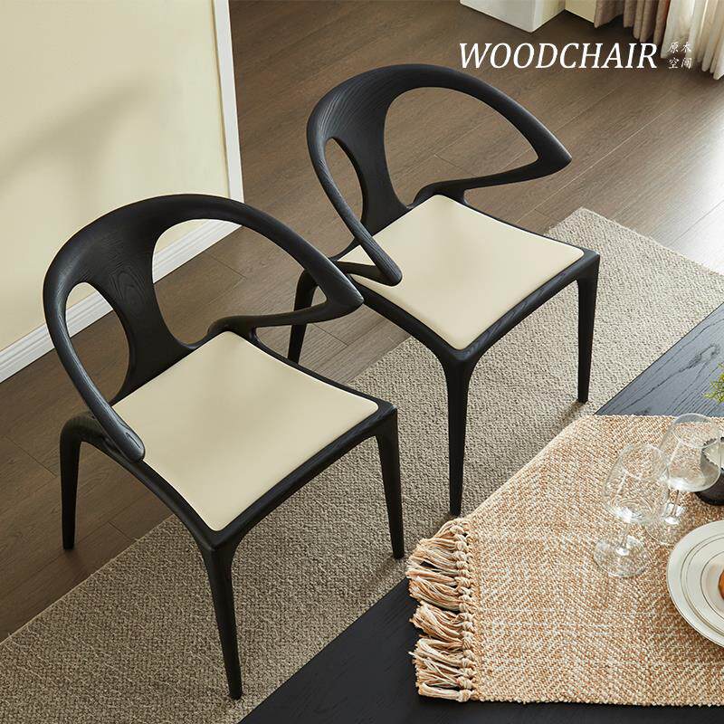 传世椅北美FAS级白蜡木米白色超纤皮家用办公靠背实木椅凳餐椅