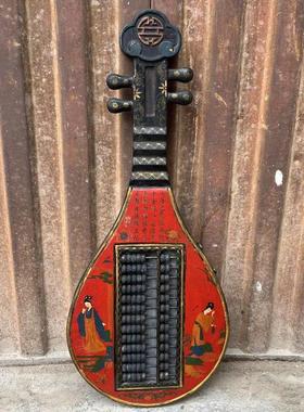 实木雕刻八方来财算盘摆件旧藏木胎漆器彩绘琵琶寿星图案挂屏算盘