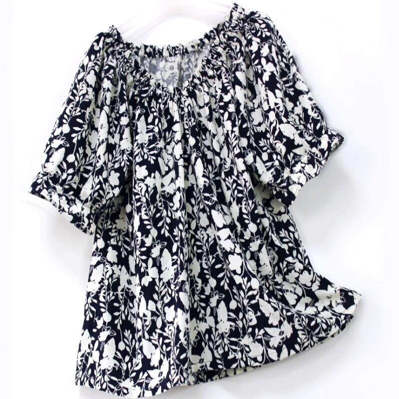荷叶边V领上衣高端棉绸碎花人造棉衣服一字肩露肩宽松休闲 女夏薄