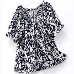 荷叶边V领上衣高端棉绸碎花人造棉衣服一字肩露肩宽松休闲 女夏薄