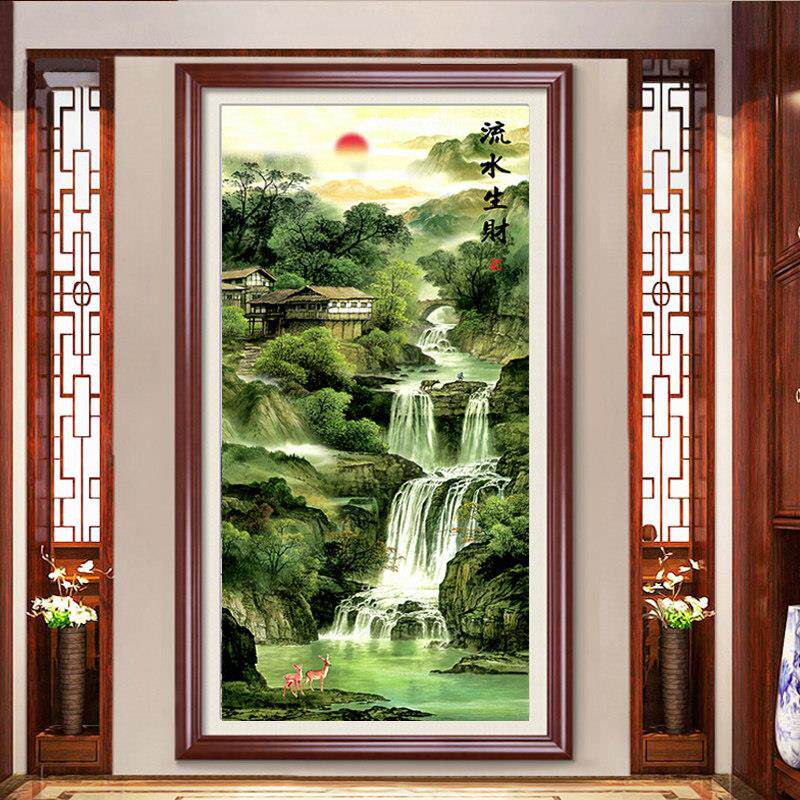 流水生财钻石画满钻5d山水画砖石十字绣2025新款客厅风景竖版玄关