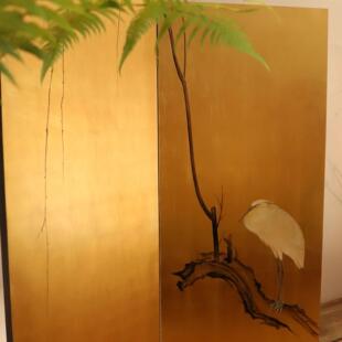中古日式金箔屏风手绘漆画茶室客厅隔断实木民宿新中式折屏背景墙