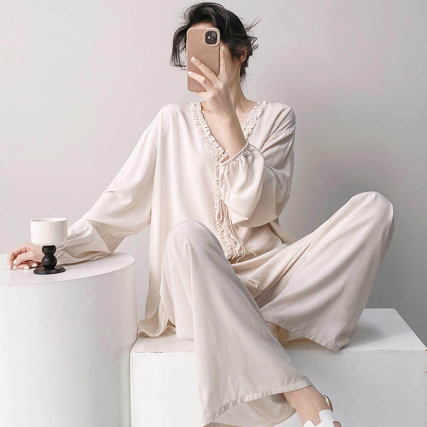 简约纯色棉绸睡衣女款2026新款长袖年轻人春秋夏季绵绸人造棉套装