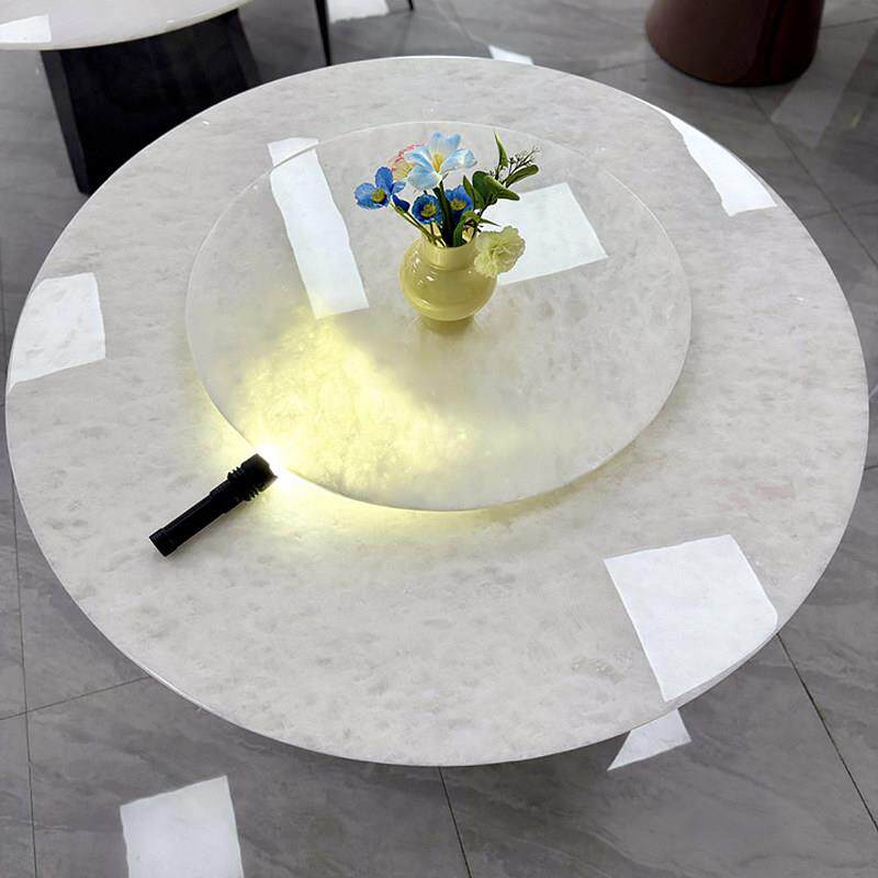 钻石白奢石餐桌天然带转盘大理石餐桌椅组合白水晶圆桌家用饭桌