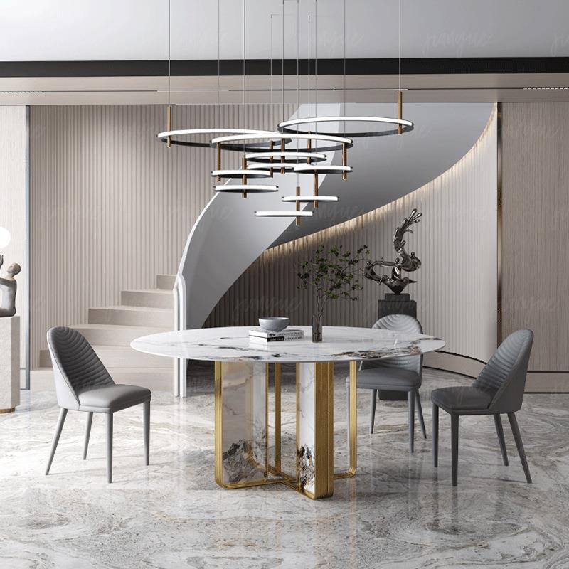 CC轻奢圆桌意式简约方桌亮光奢石岩板圆形餐台异形圆桌带转盘