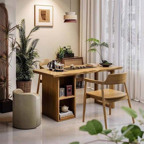 新中式阳台茶桌椅组合实木泡茶桌家用书桌带置物架极简茶椅小茶台