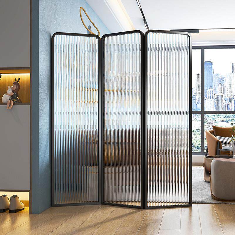 简约长虹玻璃入户屏风可折叠移动免打孔客厅铁艺不锈钢办公室隔断