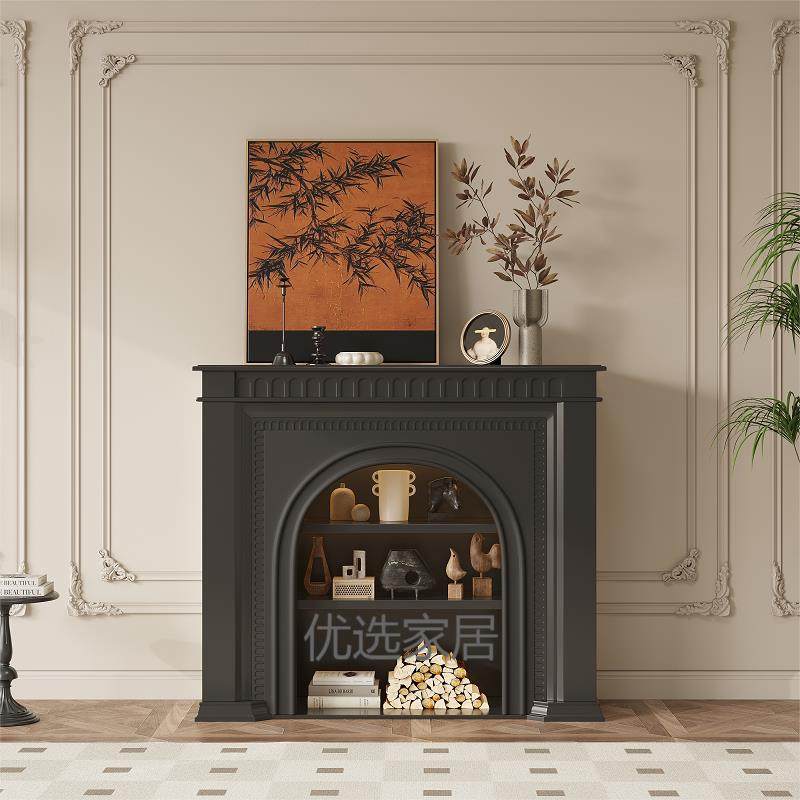法式复古黑色壁炉装饰柜客厅背景墙美式复古玄关柜电子仿真火壁炉
