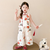 宝宝唐装 女童国风无袖 演出服 儿童新中式 盘扣古风薄款 汉服套装 夏季