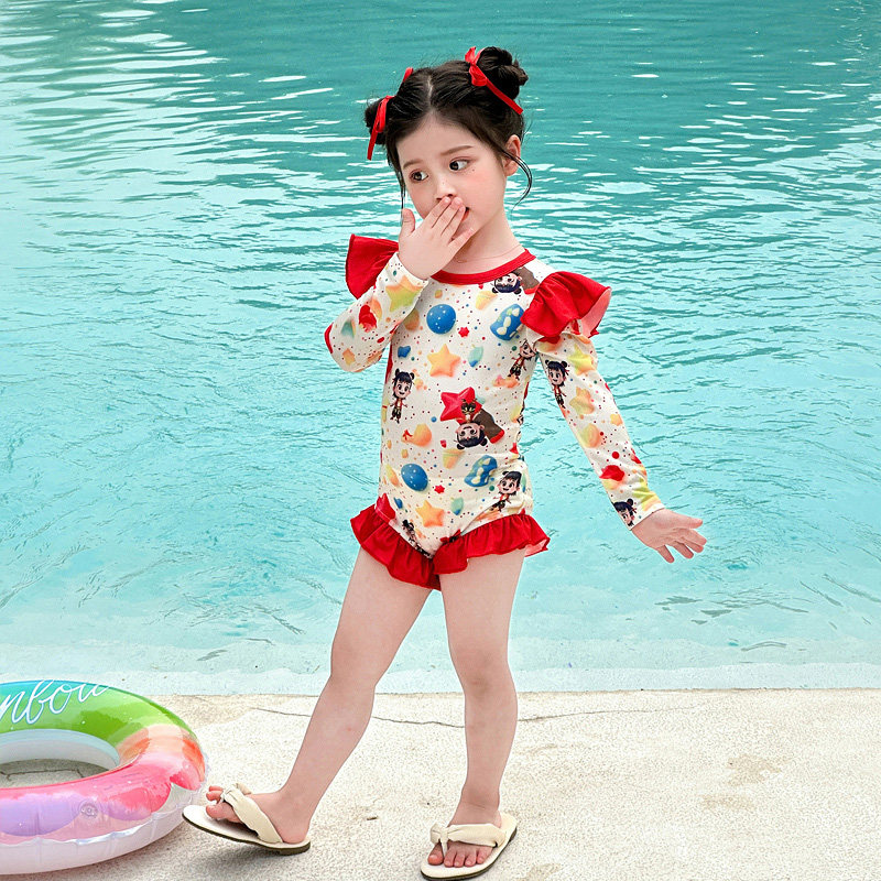 女童泳衣2025新款小童宝宝连体泳装儿童哪吒速干长袖夏季游泳衣