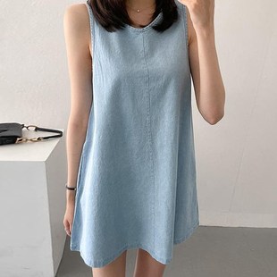 法式 休闲宽松蓝色A字短裙 减龄牛仔背心连衣裙女夏季 极简主义无袖