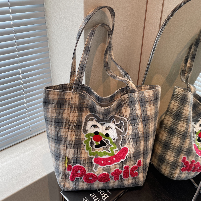 可爱卡通格子帆布包女2025新款大容量托特包休闲百搭手提袋