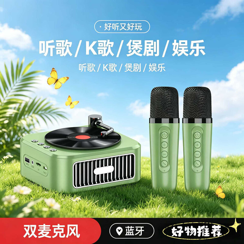 唱片蓝牙音箱 便携迷你无线音响低音炮K歌话筒多功能家用户外唱歌