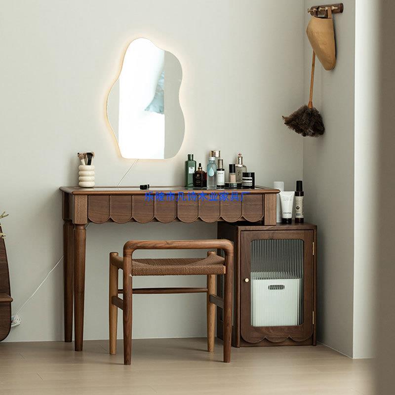 复古风实木梳妆台斗柜一体黑胡桃木可伸缩卧室小户型化妆桌收纳柜