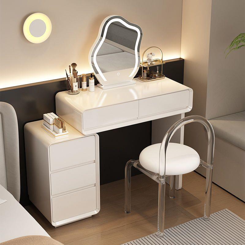 烤漆奶油风梳妆台储物柜化妆台现代简约小户型卧室实木化妆桌一体