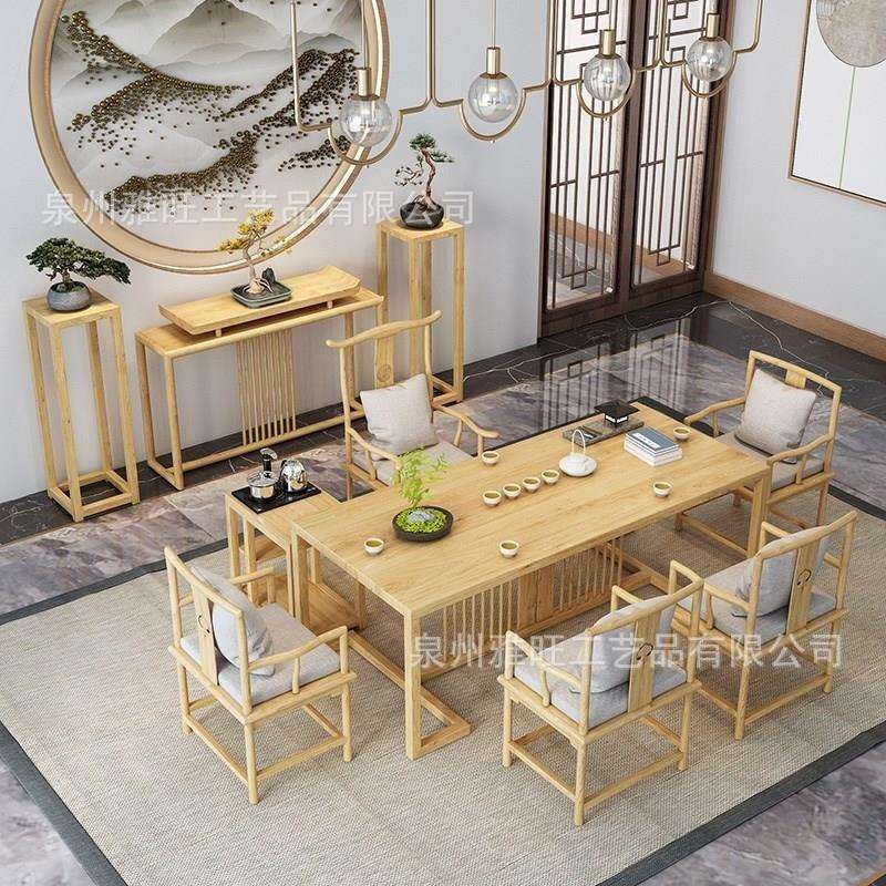 新中式茶桌椅组合禅意屏风功夫泡茶台办公室2米大板全实木茶桌