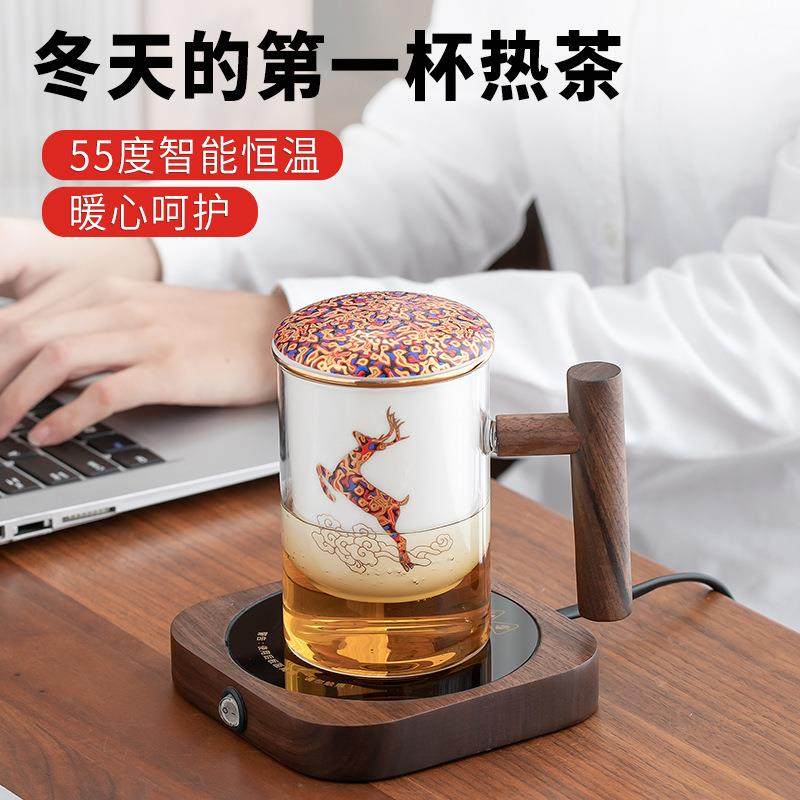 恒温马克杯耐热玻璃透明陶瓷办公杯过滤茶杯木手柄大容量带盖保温