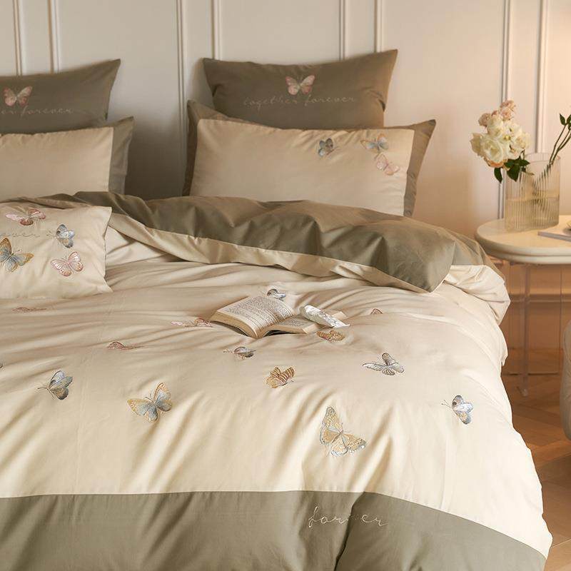 100支长绒棉磨毛刺绣全棉四件套秋冬加厚纯棉床上被套床单床笠式