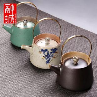 功夫茶具 仿古茶壶提梁壶陶瓷复古泡茶器家用铜把单壶茶水壶日式