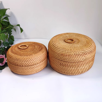 越南藤编零食收纳筐带盖