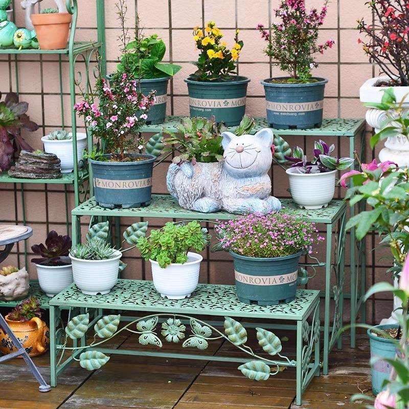 美式田园铁艺落地式复古多层花架三层花架阳台客厅架子阶梯花盆架