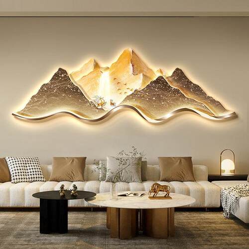 现代轻奢客厅装饰画背有靠山高级感大气山水壁灯画沙发背景墙挂画