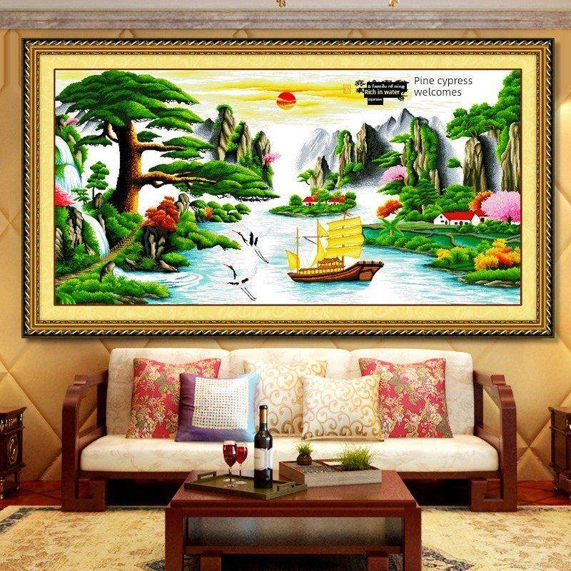 纯手工十字绣成品迎松财财版流水财中国风客厅山水景财挂画,居家布艺,十字绣成品,淘宝优惠券,粉丝福利购,淘宝优惠卷