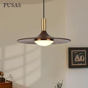 中古飞碟吊灯餐厅灯新款设计师法式复古全铜胡桃色实木吧台长线灯