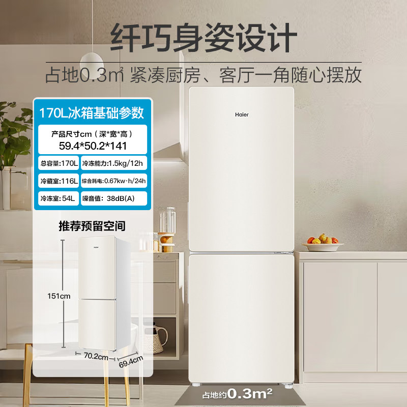 海尔 170升风冷无霜电冰箱家用节能小型双开门两门新款官方旗舰店