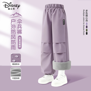 迪士尼女童加绒裤子加厚保暖户外防水一体绒棉裤一条过冬儿童冬装