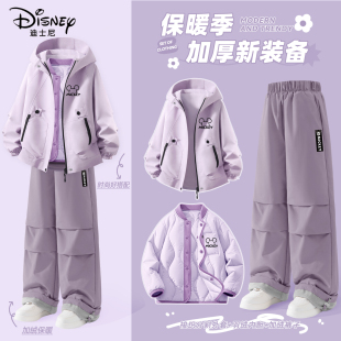 迪士尼女童加绒套装女孩韩系穿搭保暖休闲2025新款儿童冬装衣服女
