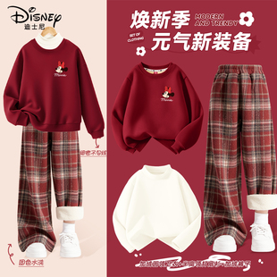 迪士尼女童冬装套装冬季加厚保暖一体绒红色过年卫衣好看儿童裤子